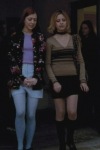 Alyson Hannigan on set wearing blue pantyhose